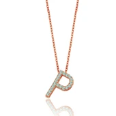 Işıltılı Prizma P Harfi Gümüş Kolye - Rose thumbnail 1