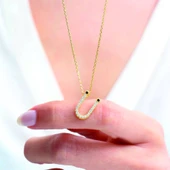 Işıltılı Prizma Ü Harfi Gümüş Kolye - Altın thumbnail 2