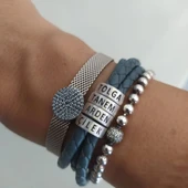 3 Sıralı Örme Deri Isimli Gümüş Bileklik thumbnail 2