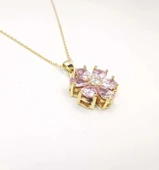 Pembe Taşlı Sevgi Çiçeği Gümüş Kolye - Altın thumbnail 2