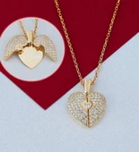 Açılan Kalp Taşlı Gümüş  Kolye - Altın thumbnail 1