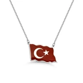 Türk Bayrağı Mineli Gümüş Kolye - Gümüş thumbnail 1