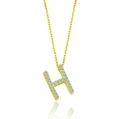 Işıltılı Prizma H Harfi Gümüş Kolye - Altın thumbnail 1