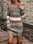 MDB Kadın Uzun Kollu V Yakalı çizgili çok Renkli Triko Mini Elbise thumbnail 1