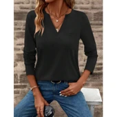 Lucky Life Kadın  Uzun Kollu Cepli V Yakalı Viskon Iki Iplik Bluz thumbnail 2