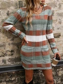 MDB Kadın Uzun Kollu V Yakalı çizgili çok Renkli Triko Mini Elbise thumbnail 2