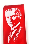 Atatürk Portre ve İmza Baskılı Slim Fit Saten Kırmızı Kravat - AK-08 thumbnail 3
