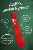 Atatürk Portre ve İmza Baskılı Slim Fit Saten Kırmızı Kravat - AK-08 thumbnail 4