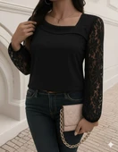 Lucky Life Kadın Uzun Kollu Asimetrik Yakalı Dantelli Ithal Krep Bluz thumbnail 2