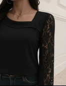 Lucky Life Kadın Uzun Kollu Asimetrik Yakalı Dantelli Ithal Krep Bluz thumbnail 1