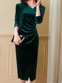 Lucky Life Kadın Uzun Kollu Kruvaze Yakalı Yandan Büzgülü önden çapraz Detaylı Midi Kadife Elbise thumbnail 1