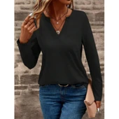 Lucky Life Kadın  Uzun Kollu Cepli V Yakalı Viskon Iki Iplik Bluz thumbnail 3