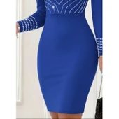 Lucky Life Kadın Uzun Kollu V Yakalı Taşlı Mini Ithal Krep Elbise thumbnail 3