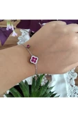 925 Ayar Gümüş Pembe Çiçek Detaylı şık Model Kadın Bileklik- Göz Alıcı Tasarım thumbnail 1