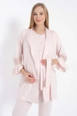 MDB Kısa Kol Bisiklet Yaka Kadın Viskon Dantel Detaylı Hamile Pijama Takımı Sabahlık thumbnail 3