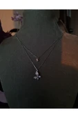 925 Ayar Gümüş İki Kelebek Detaylı Çift Zincir Model Genç/Yetişkin Kadın Kolyesi - Şık Tasarım thumbnail 2