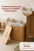 Porsima Pbt-440 Çift Bölmeli Kapaklı Kirli Çamaşır Sepeti Dikdörtgen - İki Bölmeli Bambu Kirli Çamaşır Sepeti Bambu thumbnail 1