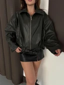 Astarlı kemerli pb deri ceket zümrüt yeşili onst thumbnail 2