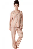 Viskon Çizgili Pijama Takımı | Kadın Uzun Kollu Rahat Pijama thumbnail 4
