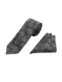 Brianze 7 Cm Gri Siyah Şal Desen Kravat Mendil Set thumbnail 2