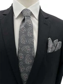 Brianze 7 Cm Gri Siyah Şal Desen Kravat Mendil Set thumbnail 1