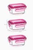 Porsima 4374 3lü Kilitli Sızdırmaz Kapaklı Yiyecek Erzak Saklama Kabı Seti - Cam Saklama Kabı - 150ml Pembe thumbnail 4