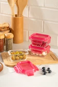 Porsima 4374 3lü Kilitli Sızdırmaz Kapaklı Yiyecek Erzak Saklama Kabı Seti - Cam Saklama Kabı - 150ml Pembe thumbnail 1
