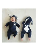 Lacivert Tavşan Nakışlı Kapüşonlu Pon Ponlu Bebek Tulum thumbnail 1