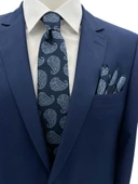 Brianze 7 Cm Lacivert Mavi Şal Desen Kravat Mendil Set thumbnail 1