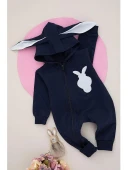 Lacivert Tavşan Nakışlı Kapüşonlu Pon Ponlu Bebek Tulum thumbnail 2