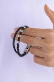 Gümüş Pazarım Oniks Hematit Taşlı Örgü Deri Erkek Deri Bileklik thumbnail 3
