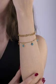 Gümüş Pazarım Firuze Taşlı Çift Zincir Altın Kaplama Çelik Kadın Bileklik thumbnail 2