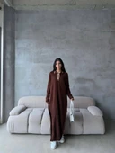 Pantolon yırtmaçlı elbise ikili triko takım kahve elf thumbnail 1