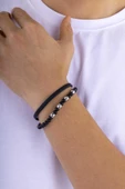 Gümüş Pazarım Oniks Hematit Taşlı Örgü Deri Erkek Deri Bileklik thumbnail 2