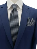 Brianze 7.5 Cm Lacivert Beyaz Çizgili Kravat Mendil Set thumbnail 1