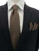 Brianze 7.5 Cm Kahverengi Çizgili Kravat Mendil Set thumbnail 1