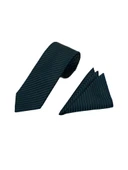 Brianze 7.5 Cm Lacivert Yeşil Çizgili Kravat Mendil Set thumbnail 2