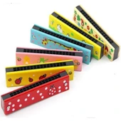 2 Adet Ahşap Mızıka 16 Delikli Çift Sıralı Renkli Desenli Çocuk Mızıkası thumbnail 2