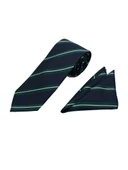 Brianze 7.5 Cm Lacivert Yeşil Beyaz Çizgili Kravat Mendil Set thumbnail 2