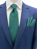 Brianze 7.5 Cm Yeşil Lacivert Çizgili Kravat Mendil Set thumbnail 1