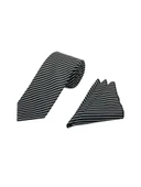 Brianze 7.5 Cm Siyah Beyaz Çizgili Kravat Mendil Set thumbnail 2