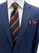 Brianze 7.5 Cm Lacivert Kırmızı Beyaz Çizgili Kravat Mendil Set thumbnail 1