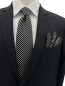 Brianze 7.5 Cm Siyah Beyaz Çizgili Kravat Mendil Set thumbnail 1