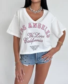 V Yaka Yazı Baskılı Crop Tshirt thumbnail 2