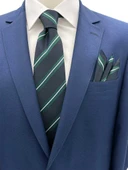 Brianze 7.5 Cm Lacivert Yeşil Beyaz Çizgili Kravat Mendil Set thumbnail 1