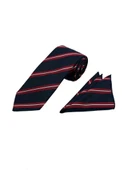 Brianze 7.5 Cm Lacivert Kırmızı Beyaz Çizgili Kravat Mendil Set thumbnail 2