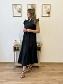 V Yaka Terikoton Katlı Uzun Elbise thumbnail 2