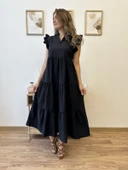 V Yaka Terikoton Katlı Uzun Elbise thumbnail 1