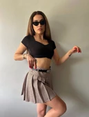 Kareli Pile Ve Kemerli Mini Etek thumbnail 7