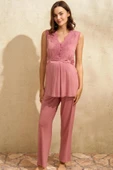 MDB MdbShop Sıfır Kol V Yaka Kadın Viskon Düz Yazlık Uzun Dantel Detaylı Hamile Pijama Takımı Sabahlık thumbnail 2